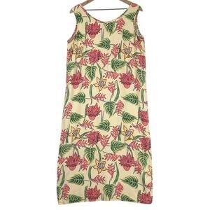 Vtg PINEAPPLE MOON 100% Silk Tropical Floral Sleeveless Midi Dress Sz L